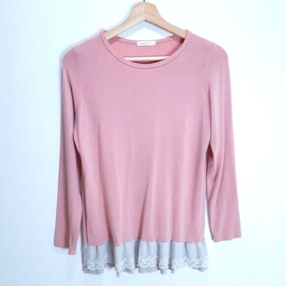 Tops - Soft Rose Pink Long Sleeve Top with Lace Frill Hem